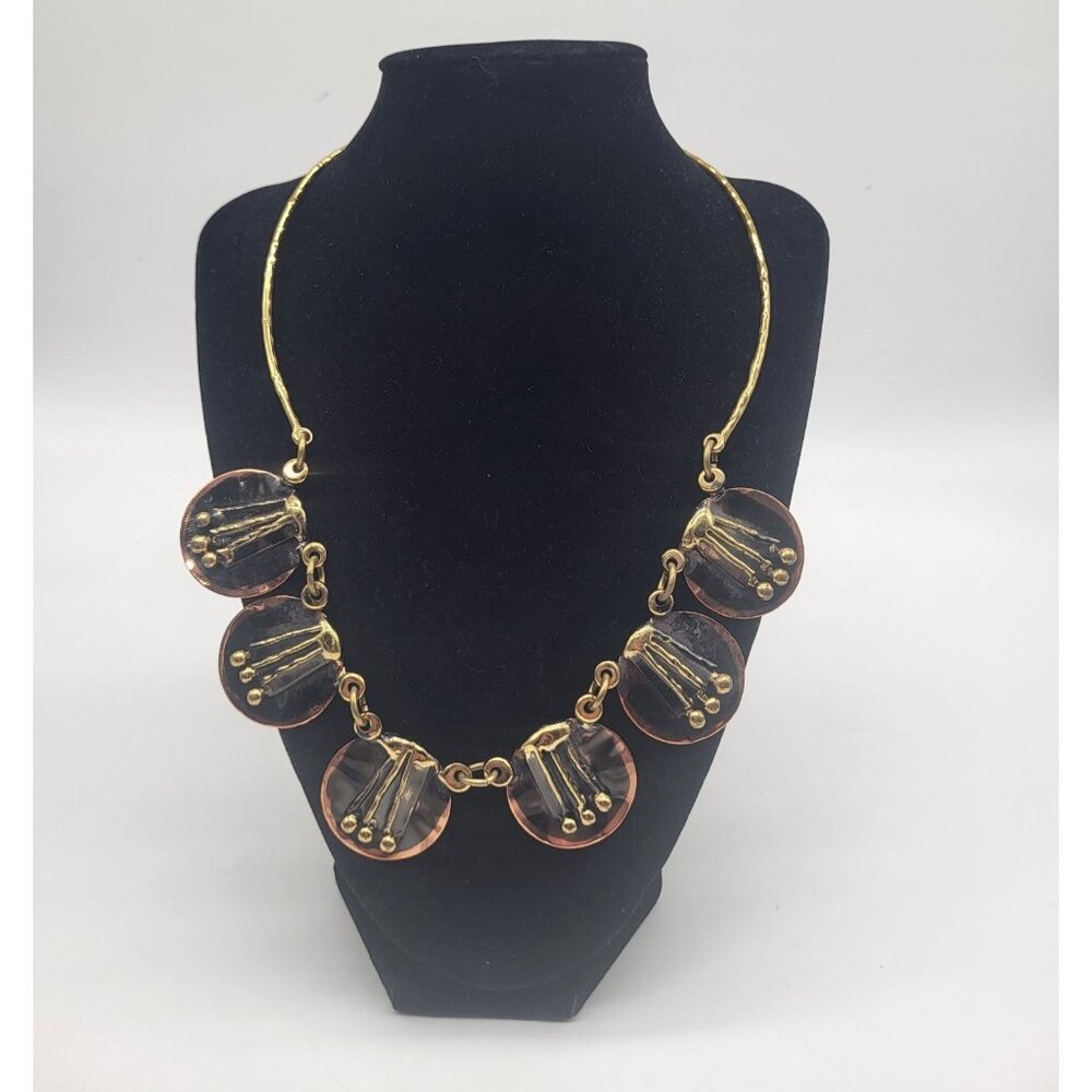 Copper Brass Brutalist Modernist Discs Statement Necklace Tribal Geometric
